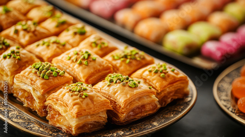 Vibrant Turkish Baklava with Green Pistachios Displayed