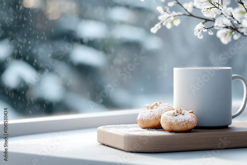 A sunlit kitchen on a winter morning, with a freshly brewed pot of coffee, baked pastries on the counter, and frost-covered windows.