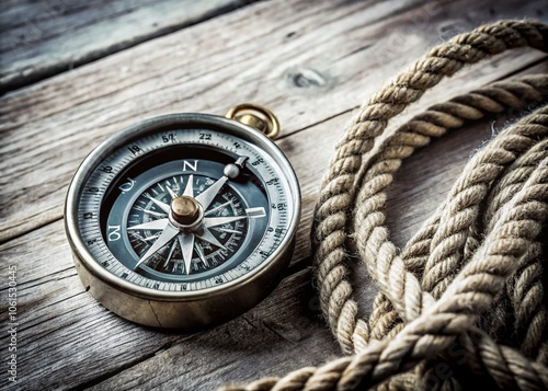 Vintage Nautical Compass with Rope on Wooden Background - Macro Photography, Antique Maritime Decor, Rustic Nautical Theme, Exploration, Adventure, Travel, Ship Navigation, Coastal Aesthetics photo