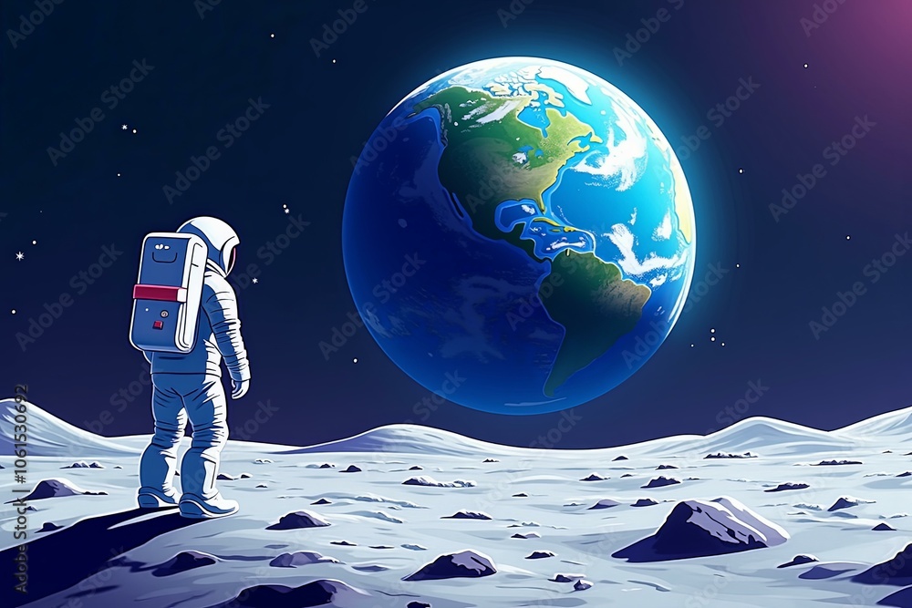 Naklejka premium Astronaut gazes at Earth from lunar surface, evoking wonder and loneliness amidst cosmic vastness.