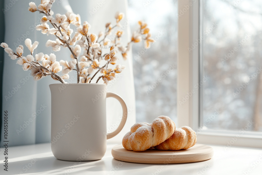A sunlit kitchen on a winter morning, with a freshly brewed pot of coffee, baked pastries on the counter, and frost-covered windows. A sunlit kitchen on a winter morning, with a freshly brewed pot of coffee, baked pastries on the counter, and frost-covered windows.