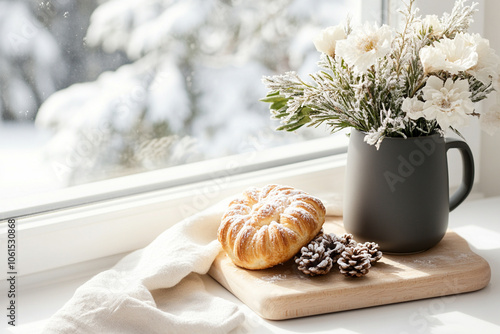 A sunlit kitchen on a winter morning, with a freshly brewed pot of coffee, baked pastries on the counter, and frost-covered windows.