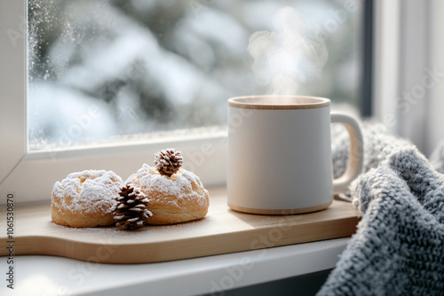 A sunlit kitchen on a winter morning, with a freshly brewed pot of coffee, baked pastries on the counter, and frost-covered windows.