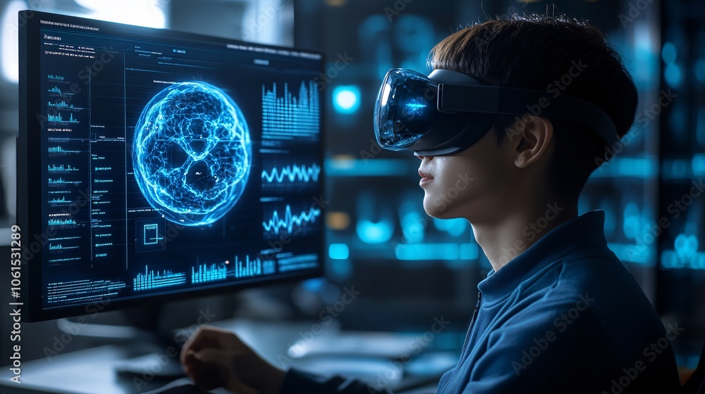 Virtual reality interface showing detailed cellular structures and DNA, highlighting immersive technology in biological research with empty space for text Virtual reality interface showing detailed cellular structures and DNA, highlighting immersive technology in biological research with empty space for text
