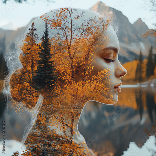 Autumn Fantasy Double Exposure Portrait with Forest and Leaves
