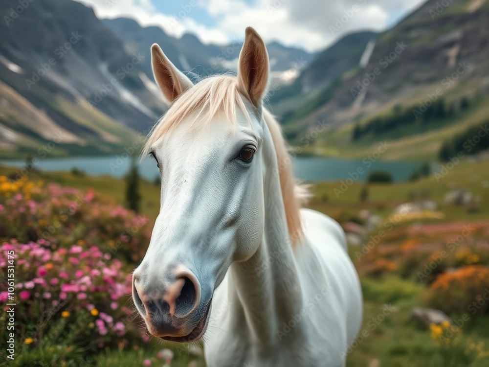 White horse standing in a landscape with mountains and lake in the background White horse standing in a landscape with mountains and lake in the background