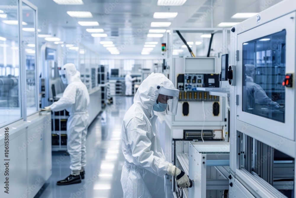 Technicians in cleanroom suits work diligently in a state-of-the-art semiconductor manufacturing facility. the sterile, high-tech environment showcases precision engineering Technicians in cleanroom suits work diligently in a state-of-the-art semiconductor manufacturing facility. the sterile, high-tech environment showcases precision engineering