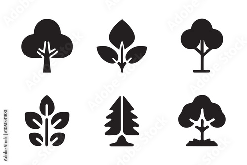 Tree silhouettes of various trees on white background.