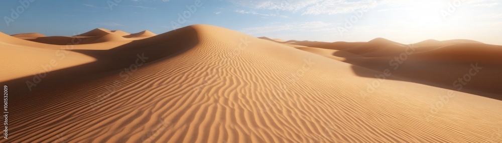 A serene desert landscape with gentle sand dunes under a clear blue sky. A serene desert landscape with gentle sand dunes under a clear blue sky.