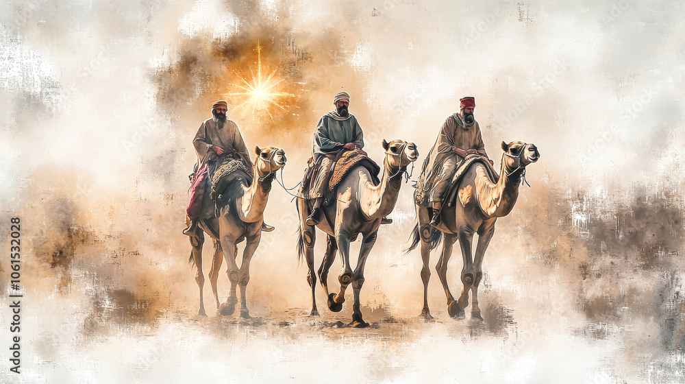 Naklejka premium Three wise men journeying on camels under the star of Bethlehem in a warm watercolor style, capturing the essence of the nativity story