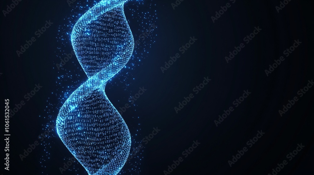 Conceptual graphic of genetic code with binary data streams, highlighting the intersection of technology and biology with empty space for text Conceptual graphic of genetic code with binary data streams, highlighting the intersection of technology and biology with empty space for text