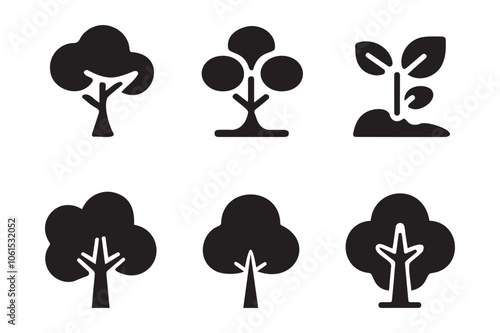 Tree silhouettes of various trees on white background.