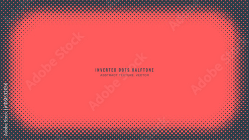 Inverted Dots Halftone Pattern Rounded Vignette Frame Vector Red Black Abstract Background. Half Tone Graphic Abstraction Fade Subtle Texture. Retro Design Style Wide Wallpaper Dotted Art Illustration
