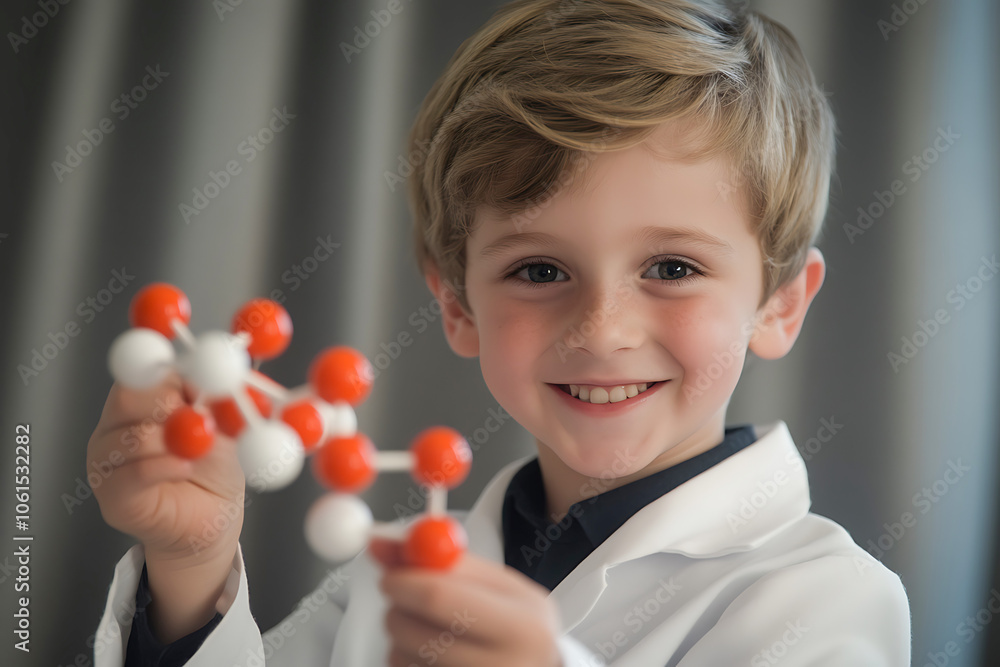 Young boy smiles while holding a molecular model, dressed in a lab coat, portraying a future scientist Young boy smiles while holding a molecular model, dressed in a lab coat, portraying a future scientist