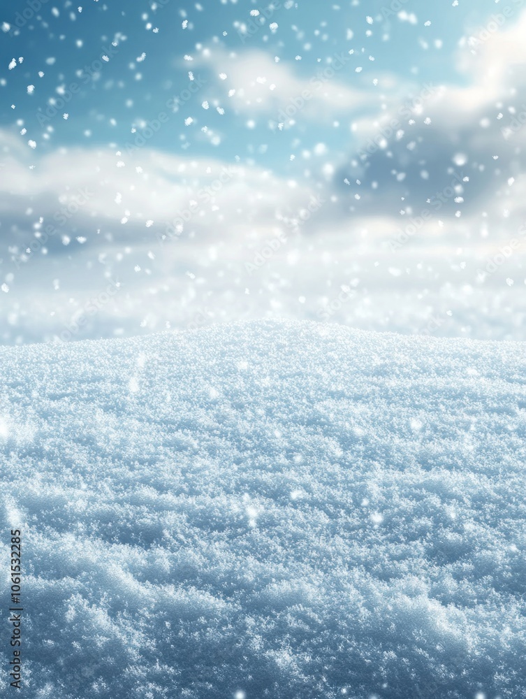 A serene winter landscape with falling snowflakes and a soft, snowy ground under a blue sky. A serene winter landscape with falling snowflakes and a soft, snowy ground under a blue sky.