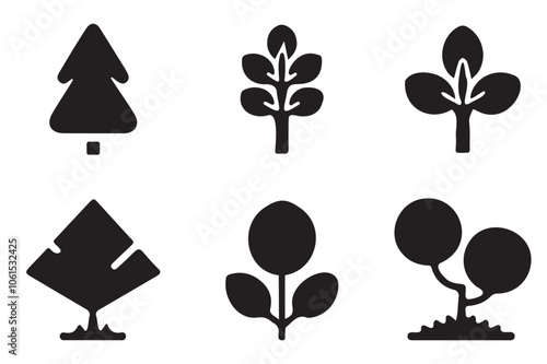 Tree silhouettes of various trees on white background.