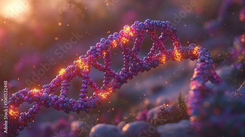Holographic interface showing DNA mutations and genetic variations, symbolizing future biotechnological potential with empty space for text