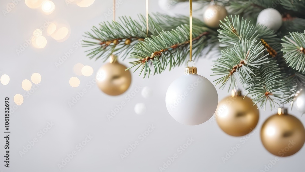 Obraz premium Christmas background with golden and white baubles hanging on green pine branches, soft warm lights in the background, festive and elegant holiday scene