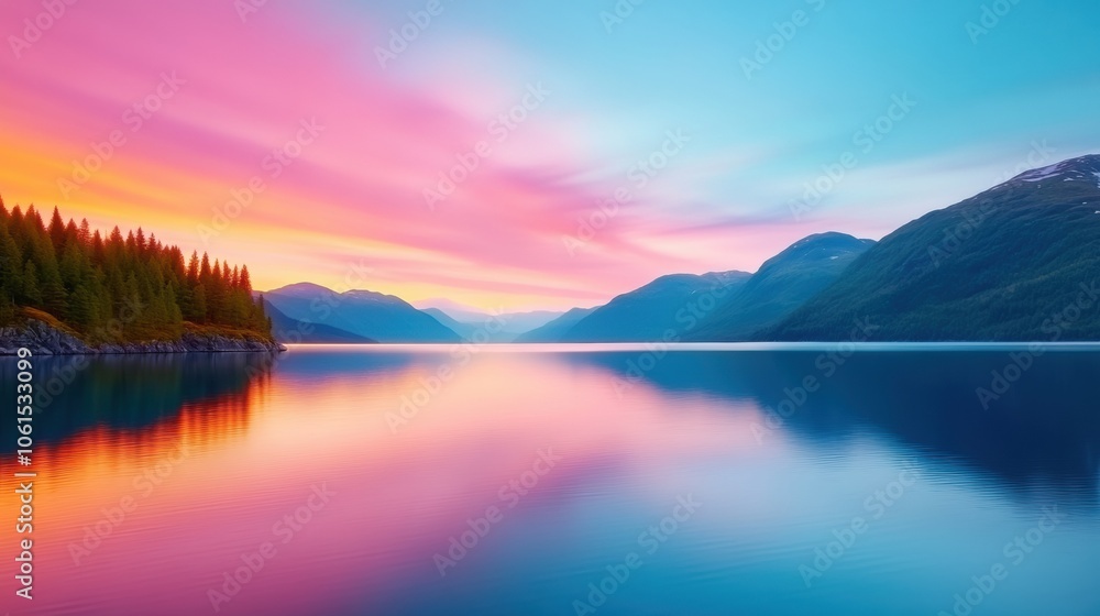 Fototapeta premium Vibrant sunset over a tranquil mountain lake with colorful reflections, AI