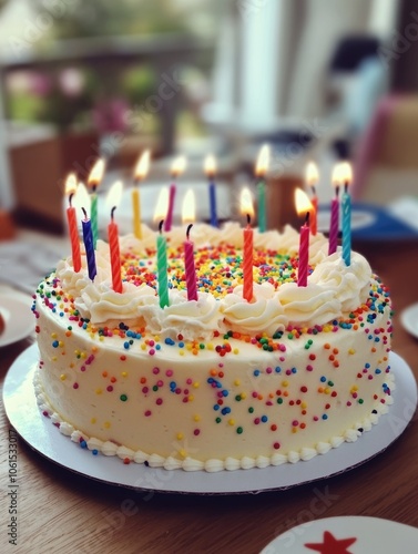 Colorful Birthday Cake with Cream, Sprinkles, and Candles for Festive Celebration