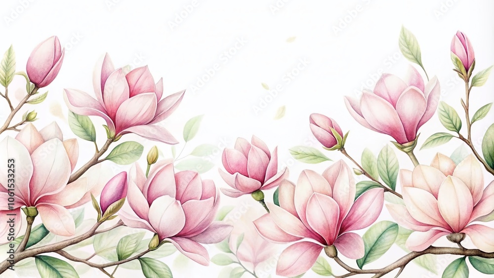Fototapeta premium Watercolor Magnolia Background for Elegant Design - Perfect for Invitations, Cards, and Product Packaging Featuring Soft Pink Blossoms on a Clean White Canvas