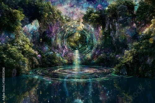 Hypnotic Spiraling Wellspring of Psychic Plasma and Metaphysical Luminescence in a Transcendental Visionary Landscape photo