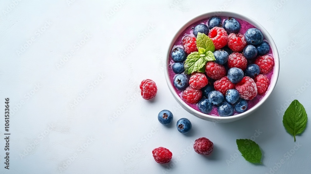 Blueberries and Raspberries in a Bowl with Mint White Background Blueberries and Raspberries in a Bowl with Mint White Background