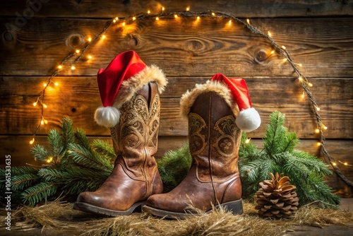 Western Christmas Greeting Card with Cowboy Boots and Santa Hat, Festive Holiday Cheer, Rustic Charm, Aerial View of Traditional Western Decor, Seasonal Celebration, Country Style photo