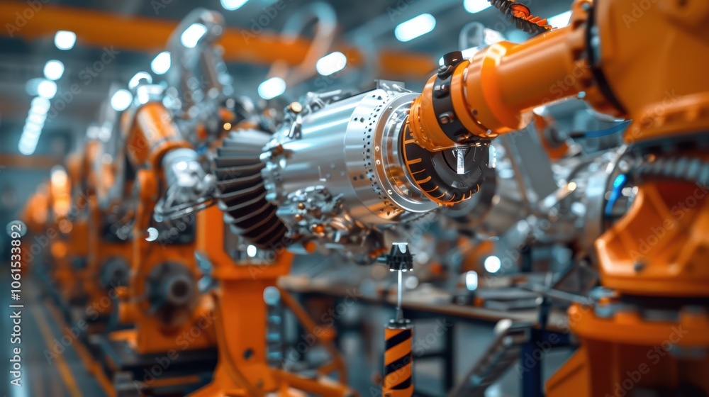 Futuristic aerospace factory scene featuring robotic arms precisely assembling rocket engines. engineers in protective suits meticulously inspect components, advanced space exploration technology Futuristic aerospace factory scene featuring robotic arms precisely assembling rocket engines. engineers in protective suits meticulously inspect components, advanced space exploration technology