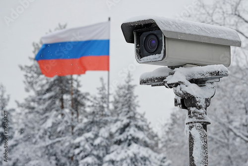 Snow-Covered Security Camera with Russian Flag in Winter Landscape. photo