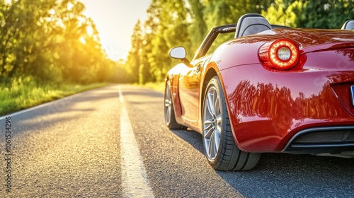 Red Convertible Sports Car on Road at Sunset