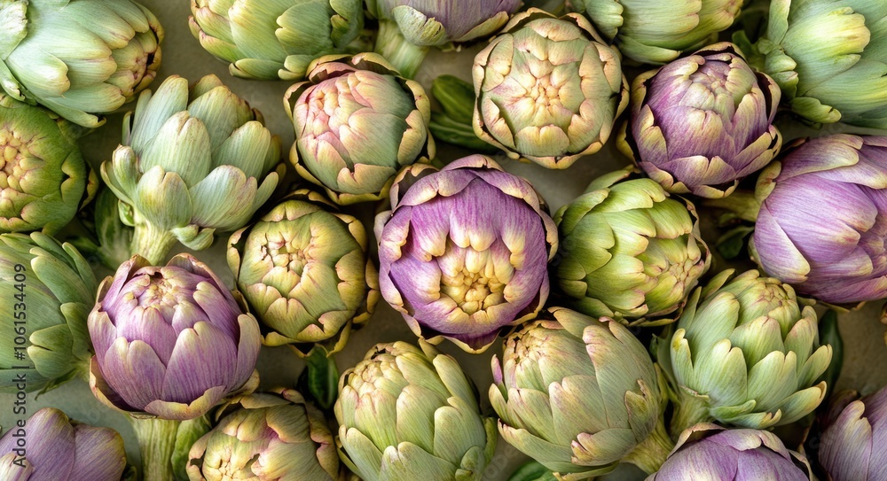 Fototapeta premium Vibrant Harvest: Colorful Organic Artichokes Arrangement in Rustic Mediterranean Setting