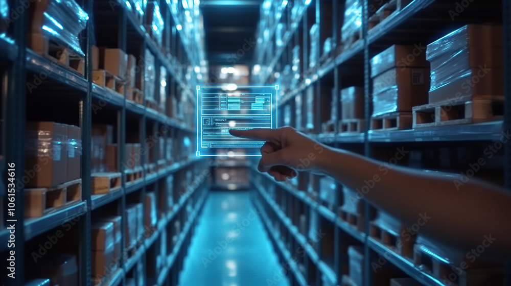 A hand reaching out to touch a holographic digital icon of warehouse shelves, surrounded by rows and rows of boxes in the background A hand reaching out to touch a holographic digital icon of warehouse shelves, surrounded by rows and rows of boxes in the background