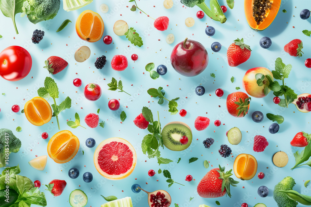 Various flying or falling summer fruits,berries and vegetables on light blue background, frame. Healthy detox food layout concept
Various flying or falling summer fruits,berries and vegetables on light blue background, frame. Healthy detox food layout concept