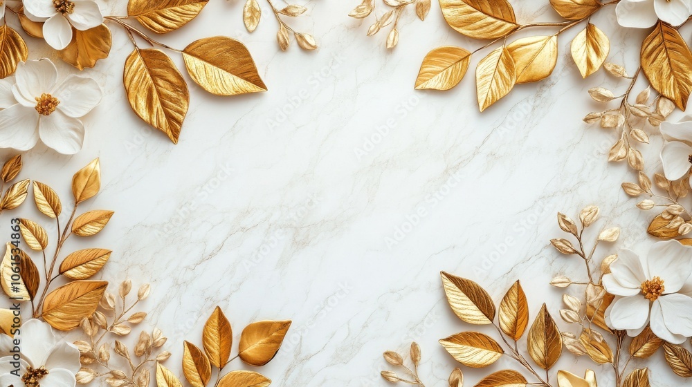 Elegant arrangement of golden leaves and flowers on a white marble background Elegant arrangement of golden leaves and flowers on a white marble background