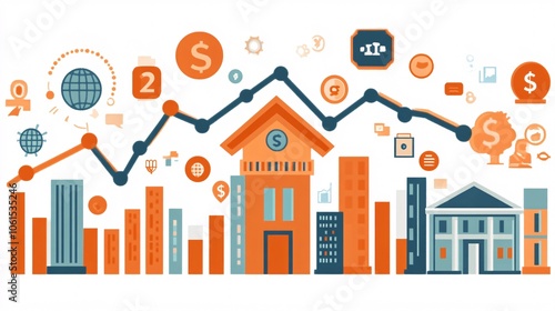 Conceptual image of a growing stock market trend line rising upward over a background of global economic icons with empty space for text