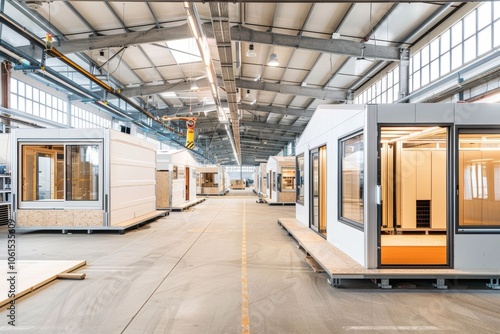 A large, modern factory specializing in the production of prefabricated homes using sustainable materials. the facility is highly automated, featuring advanced robotic systems for cutting