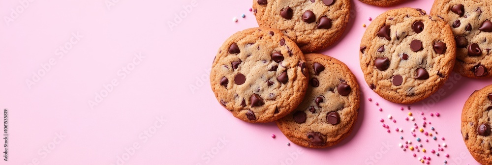 Delicious Crispy Chocolate Chip Cookie with Sprinkles on Pink Background. Perfect for Magazine, Banner, and Advertisement. Ample Copy Space Available. Delicious Crispy Chocolate Chip Cookie with Sprinkles on Pink Background. Perfect for Magazine, Banner, and Advertisement. Ample Copy Space Available.