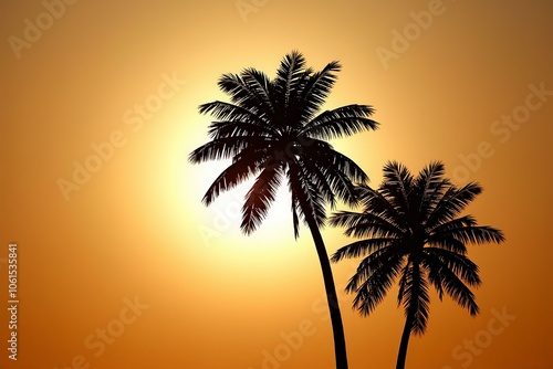 Serene Sunset Palms Silhouettes Against Golden Skies, Evoking Warmth and Tranquility on Tropical Beach photo