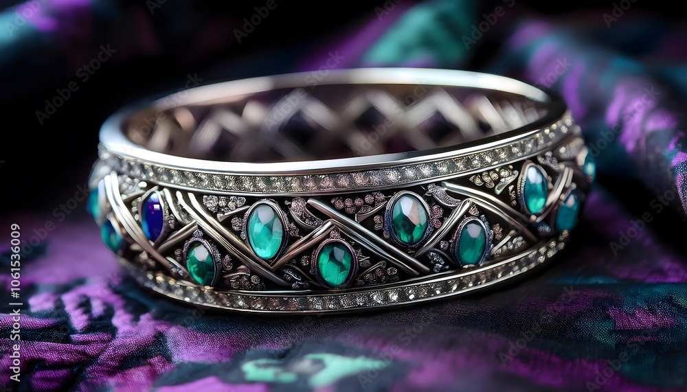 Ornate Silver Bangle with Green Gemstones Ornate Silver Bangle with Green Gemstones