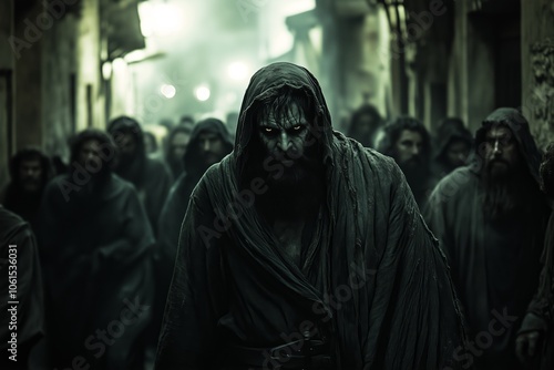 A haunting scene of a monstrous figure with intense, glowing eyes and sharp teeth walks forward through a dark, narrow alleyway, surrounded by shadowy figures in hooded robes. photo