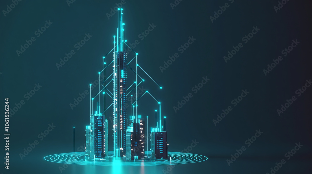 Obraz premium A telecommunications mast with dotted lines connecting to smaller towers, symbolizing data relay.