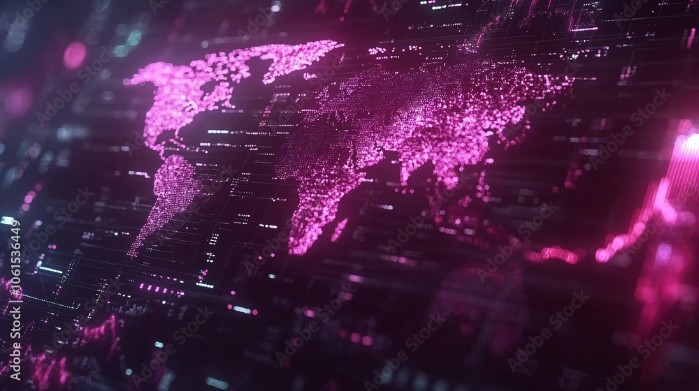 Futuristic financial technology concept with holographic digital currency symbols, a glowing world map, and networked data streams representing global fintech with empty space for text Futuristic financial technology concept with holographic digital currency symbols, a glowing world map, and networked data streams representing global fintech with empty space for text