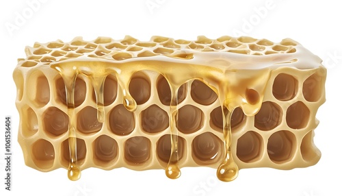 a realistic honeycomb dripping with honey, detailed texture, golden tones, high realism, isolated on white background photo