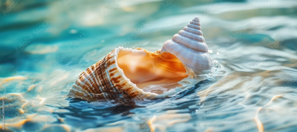 Spiral shell floating in water on a blurry background . Spiral shell floating in water on a blurry background .
