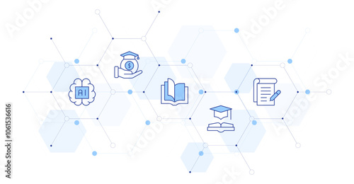 Education Banner Vector Illustration with Icon Style in Between. Line Duotone icon. Containing education, open book, artificial intelligence, conspectus, scholarship