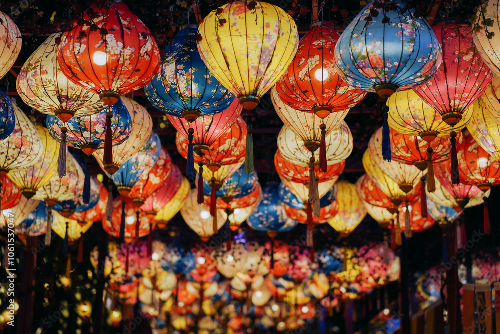 Multiple hanging colorful lantern as decoration for Chinese New Year celebration
