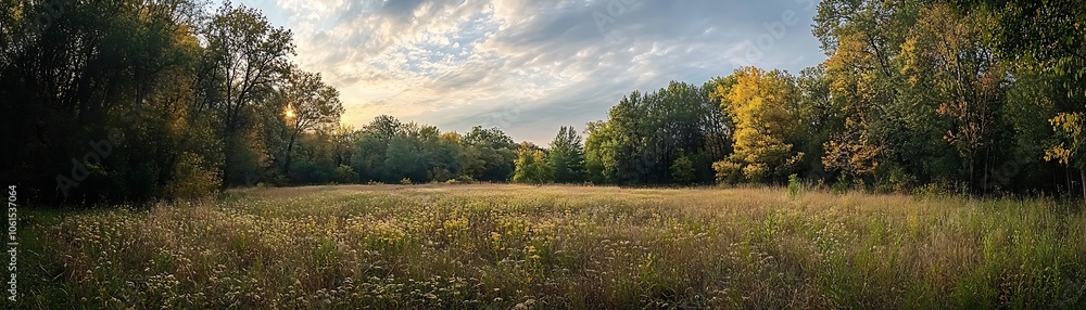 Golden Meadow with Trees in the Background Photo Golden Meadow with Trees in the Background Photo