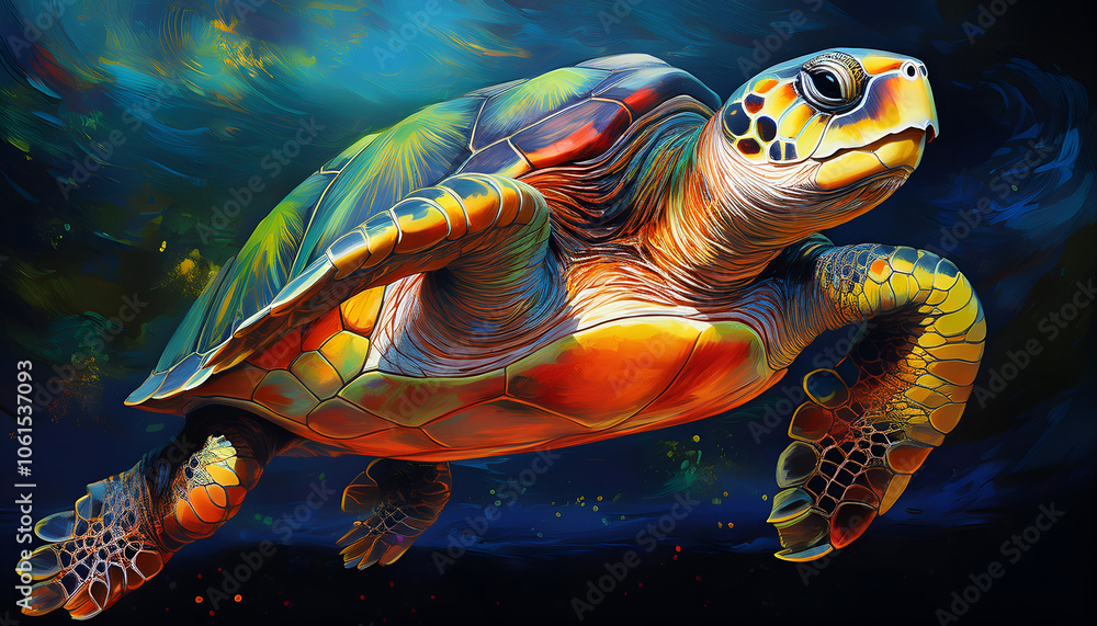 Fototapeta premium Bright colored big turtle swimming in space ocean painting