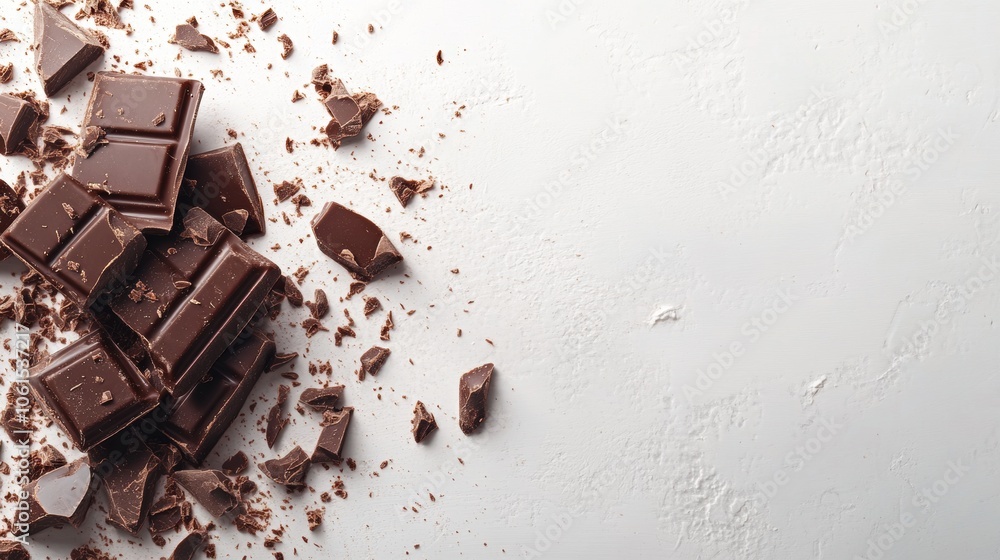 Fototapeta premium Dark Chocolate Pieces and Chunks on White Background